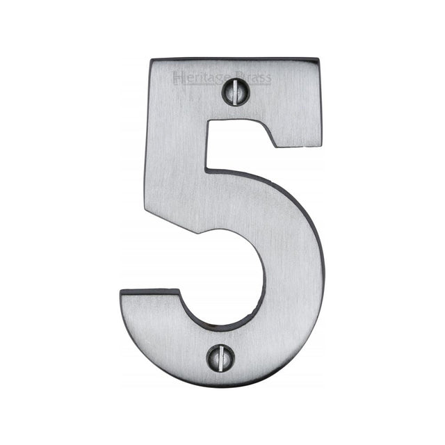 This is an image of a Heritage Brass - Numeral 5 Face Fix 76mm (3") Satin Chrome Finish, c1566-5-sc that is available to order from T.H Wiggans Ironmongery in Kendal.