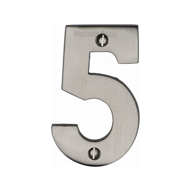 This is an image of a Heritage Brass - Numeral 5 Face Fix 76mm (3") Satin Nickel Finish, c1566-5-sn that is available to order from T.H Wiggans Ironmongery in Kendal.