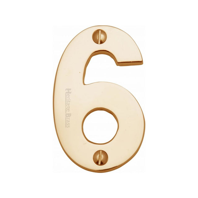 This is an image of a Heritage Brass - Numeral 6 Face Fix 76mm (3") Polished Brass Finish, c1566-6-pb that is available to order from T.H Wiggans Ironmongery in Kendal.