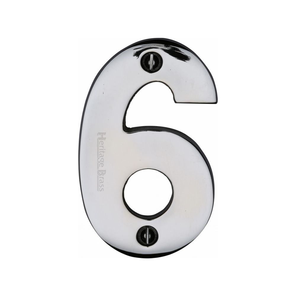 This is an image of a Heritage Brass - Numeral 6 Face Fix 76mm (3") Polished Chrome Finish, c1566-6-pc that is available to order from T.H Wiggans Ironmongery in Kendal.