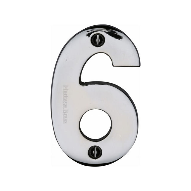 This is an image of a Heritage Brass - Numeral 6 Face Fix 76mm (3") Polished Chrome Finish, c1566-6-pc that is available to order from T.H Wiggans Ironmongery in Kendal.