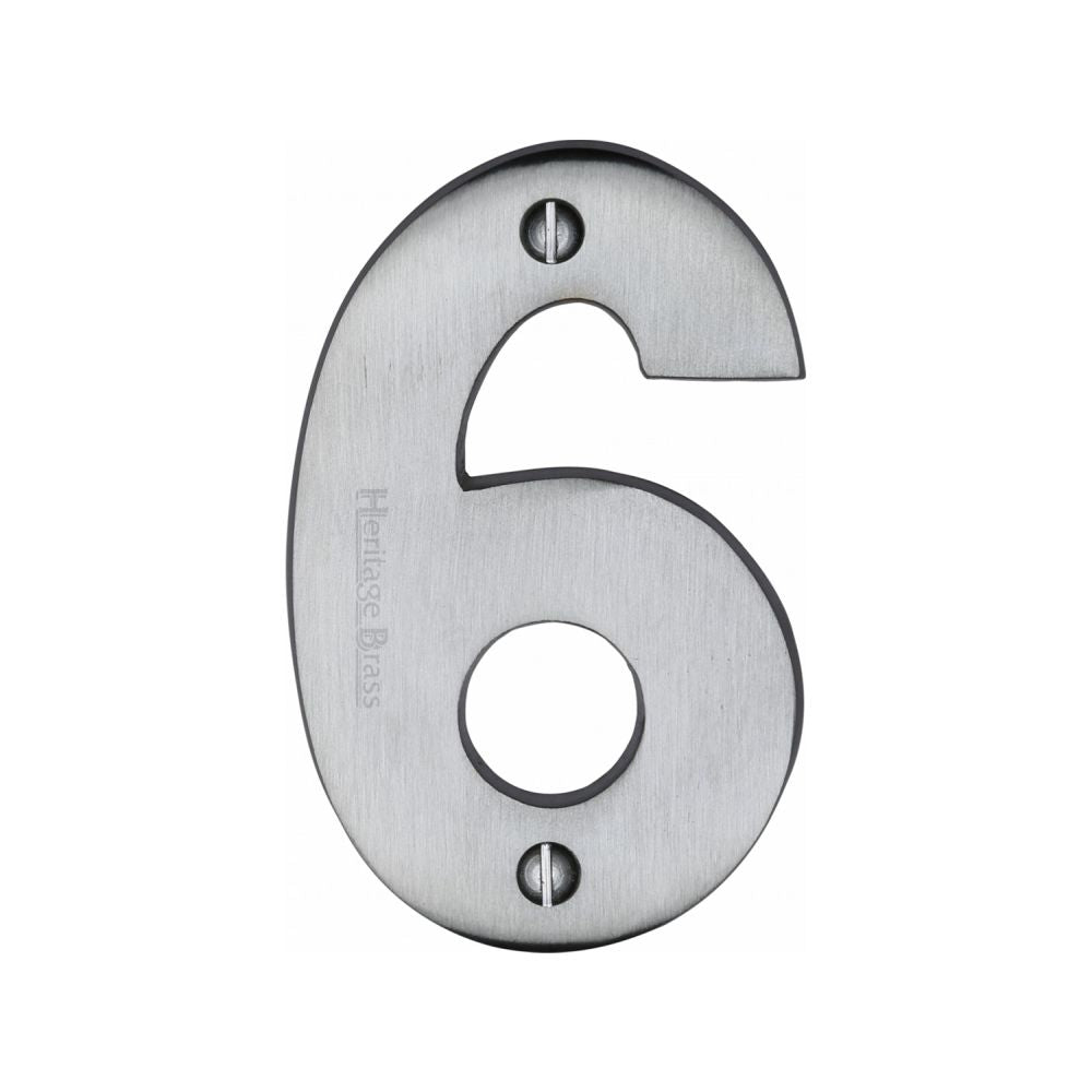 This is an image of a Heritage Brass - Numeral 6 Face Fix 76mm (3") Satin Chrome Finish, c1566-6-sc that is available to order from T.H Wiggans Ironmongery in Kendal.