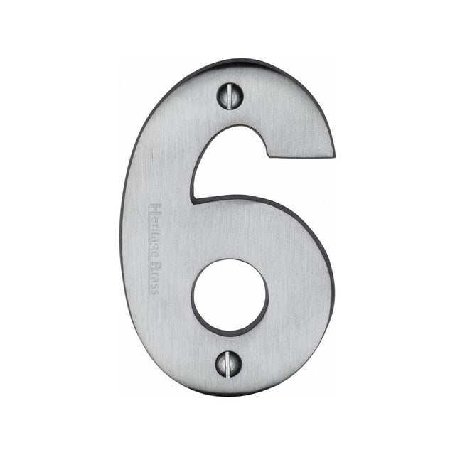 This is an image of a Heritage Brass - Numeral 6 Face Fix 76mm (3") Satin Chrome Finish, c1566-6-sc that is available to order from T.H Wiggans Ironmongery in Kendal.