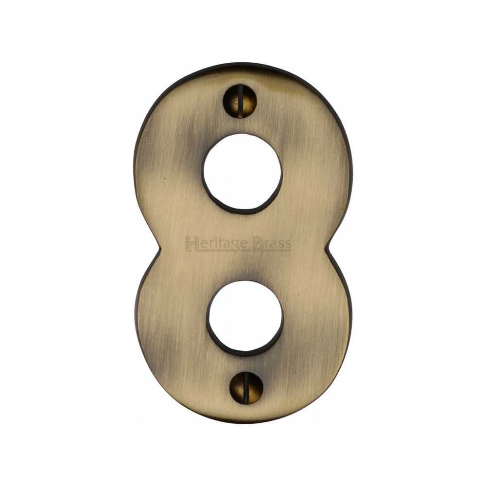 This is an image of a Heritage Brass - Numeral 8 Face Fix 76mm (3") Antique Brass Finish, c1566-8-at that is available to order from T.H Wiggans Ironmongery in Kendal.