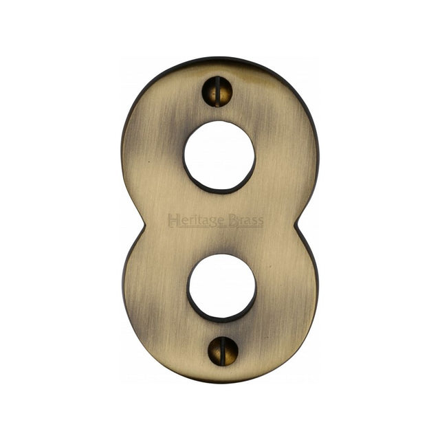 This is an image of a Heritage Brass - Numeral 8 Face Fix 76mm (3") Antique Brass Finish, c1566-8-at that is available to order from T.H Wiggans Ironmongery in Kendal.