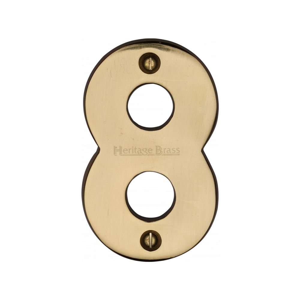 This is an image of a Heritage Brass - Numeral 8 Face Fix 76mm (3") Polished Brass Finish, c1566-8-pb that is available to order from T.H Wiggans Ironmongery in Kendal.