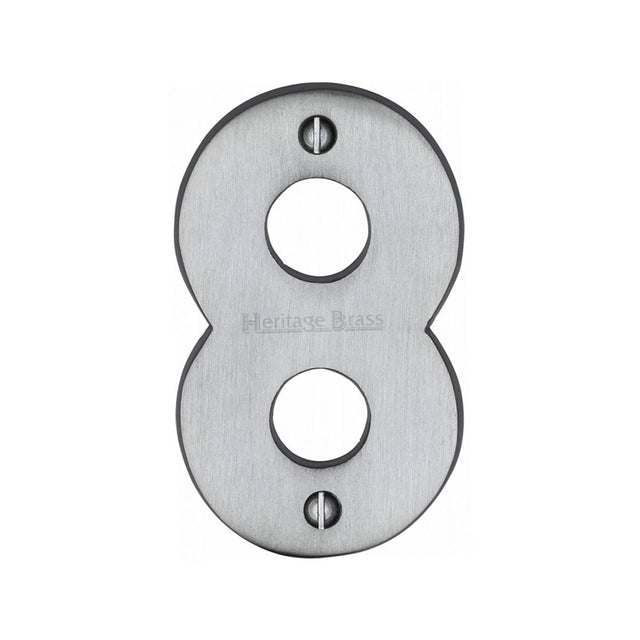 This is an image of a Heritage Brass - Numeral 8 Face Fix 76mm (3") Satin Chrome Finish, c1566-8-sc that is available to order from T.H Wiggans Ironmongery in Kendal.