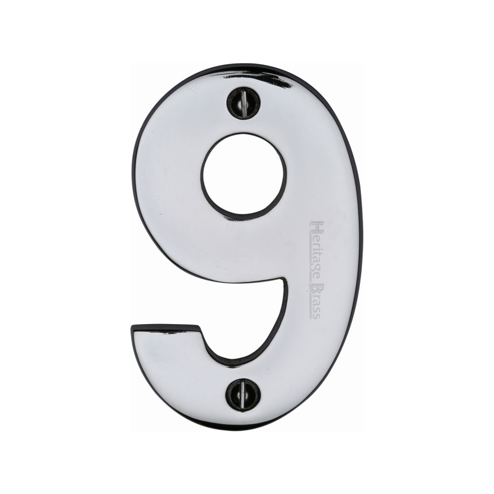 This is an image of a Heritage Brass - Numeral 9 Face Fix 76mm (3") Polished Chrome Finish, c1566-9-pc that is available to order from T.H Wiggans Ironmongery in Kendal.