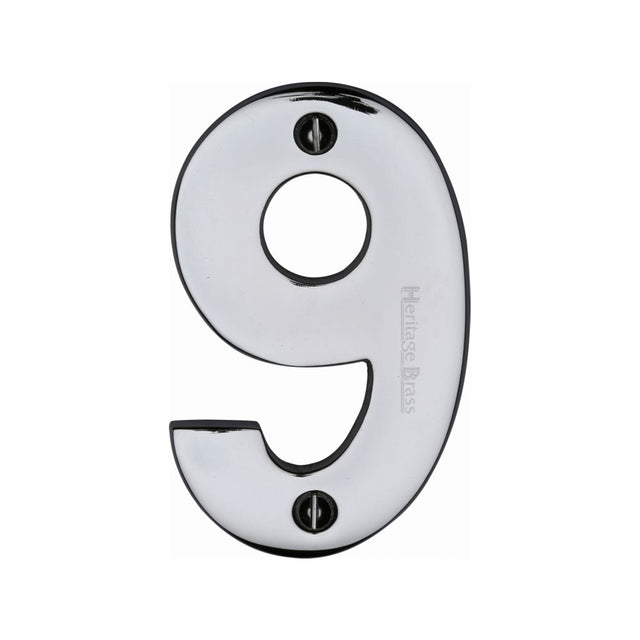 This is an image of a Heritage Brass - Numeral 9 Face Fix 76mm (3") Polished Chrome Finish, c1566-9-pc that is available to order from T.H Wiggans Ironmongery in Kendal.