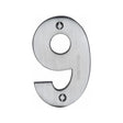 This is an image of a Heritage Brass - Numeral 9 Face Fix 76mm (3") Satin Chrome Finish, c1566-9-sc that is available to order from T.H Wiggans Ironmongery in Kendal.