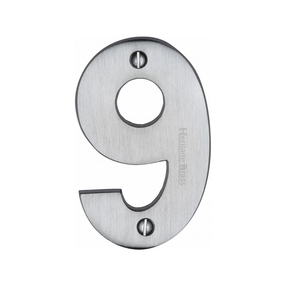This is an image of a Heritage Brass - Numeral 9 Face Fix 76mm (3") Satin Chrome Finish, c1566-9-sc that is available to order from T.H Wiggans Ironmongery in Kendal.