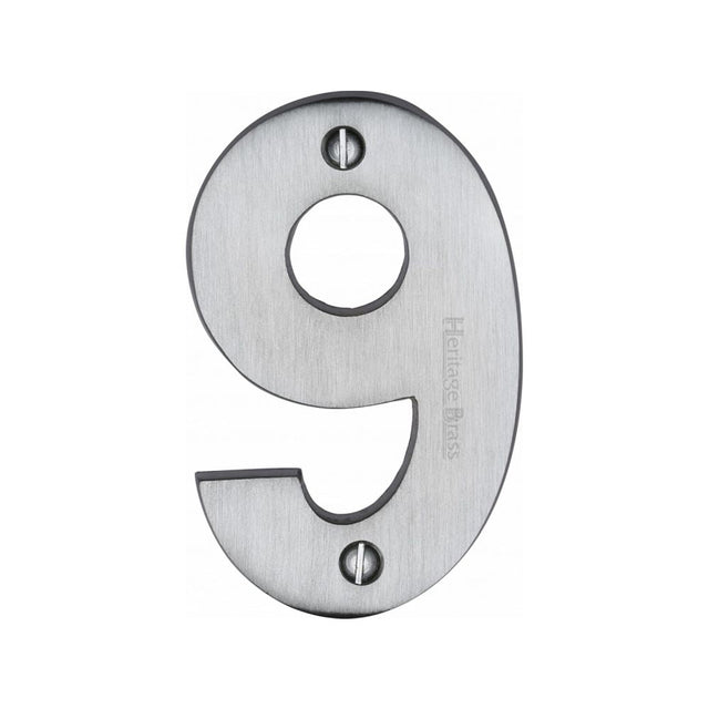 This is an image of a Heritage Brass - Numeral 9 Face Fix 76mm (3") Satin Chrome Finish, c1566-9-sc that is available to order from T.H Wiggans Ironmongery in Kendal.
