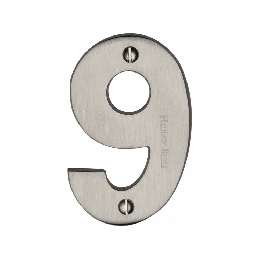 This is an image of a Heritage Brass - Numeral 9 Face Fix 76mm (3") Satin Nickel Finish, c1566-9-sn that is available to order from T.H Wiggans Ironmongery in Kendal.