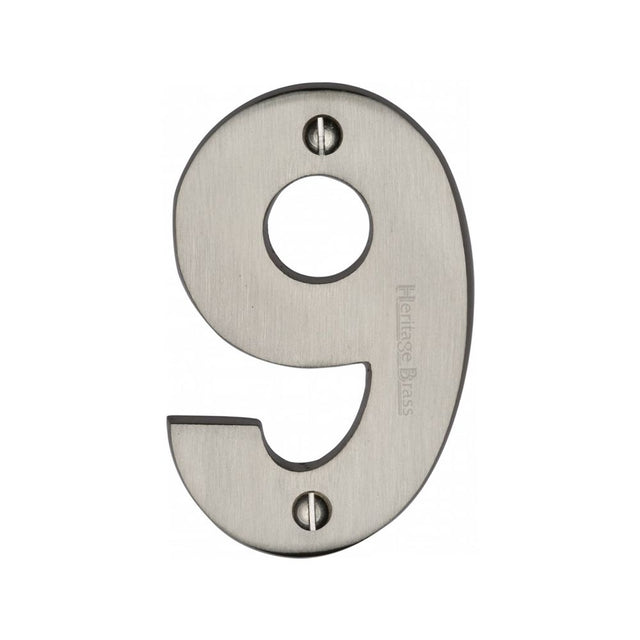 This is an image of a Heritage Brass - Numeral 9 Face Fix 76mm (3") Satin Nickel Finish, c1566-9-sn that is available to order from T.H Wiggans Ironmongery in Kendal.