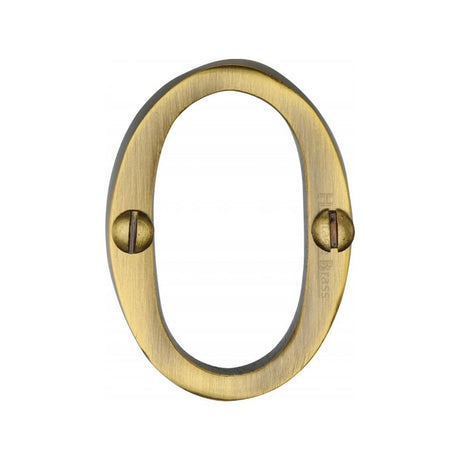 This is an image of a Heritage Brass - Numeral 0 Face Fix 51mm (2") Antique Brass Finish, c1567-0-at that is available to order from T.H Wiggans Ironmongery in Kendal.
