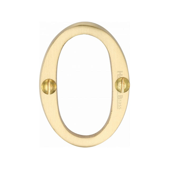 This is an image of a Heritage Brass - Numeral 0 Face Fix 51mm (2") Satin Brass Finish, c1567-0-sb that is available to order from T.H Wiggans Ironmongery in Kendal.