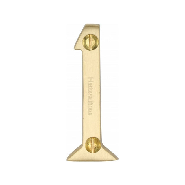 This is an image of a Heritage Brass - Numeral 1 Face Fix 51mm (2") Satin Brass Finish, c1567-1-sb that is available to order from T.H Wiggans Ironmongery in Kendal.