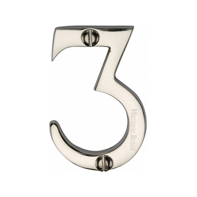This is an image of a Heritage Brass - Numeral 3 Face Fix 51mm (2") Polished Nickel Finish, c1567-3-pnf that is available to order from T.H Wiggans Ironmongery in Kendal.