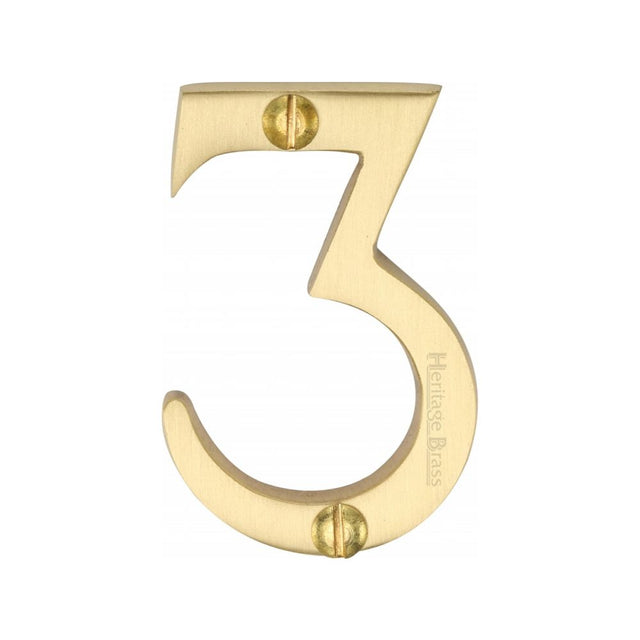 This is an image of a Heritage Brass - Numeral 3 Face Fix 51mm (2") Satin Brass Finish, c1567-3-sb that is available to order from T.H Wiggans Ironmongery in Kendal.