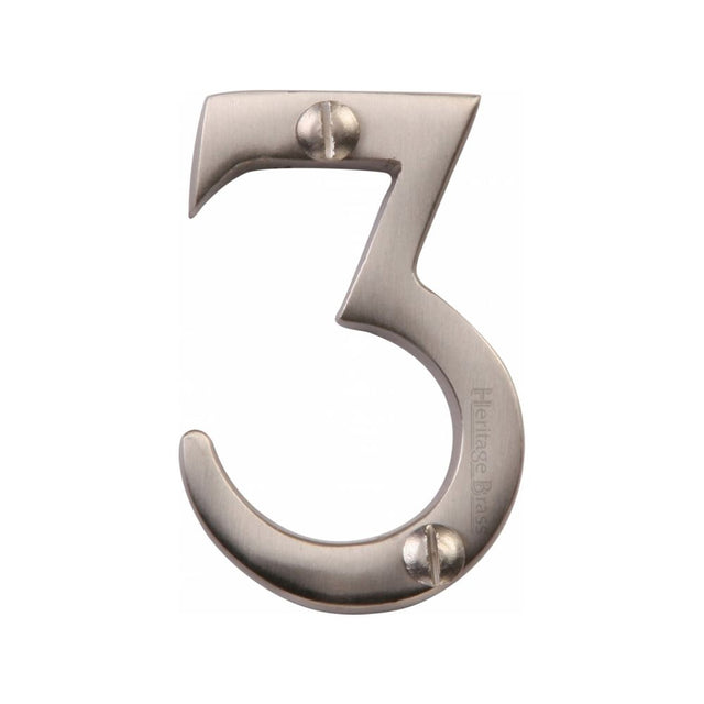 This is an image of a Heritage Brass - Numeral 3 Face Fix 51mm (2") Satin Nickel Finish, c1567-3-sn that is available to order from T.H Wiggans Ironmongery in Kendal.