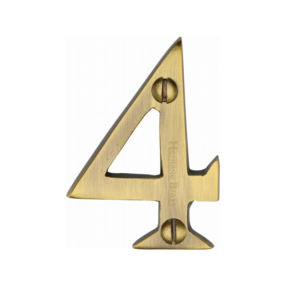 This is an image of a Heritage Brass - Numeral 4 Face Fix 51mm (2") Antique Brass Finish, c1567-4-at that is available to order from T.H Wiggans Ironmongery in Kendal.