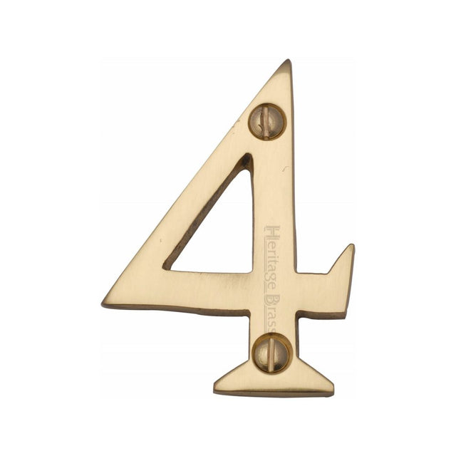 This is an image of a Heritage Brass - Numeral 4 Face Fix 51mm (2") Polished Brass Finish, c1567-4-pb that is available to order from T.H Wiggans Ironmongery in Kendal.
