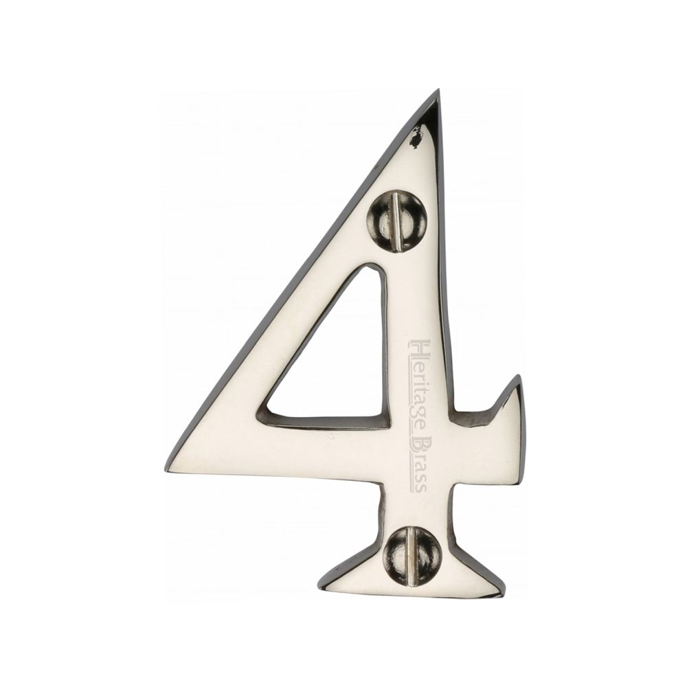 This is an image of a Heritage Brass - Numeral 4 Face Fix 51mm (2") Polished Nickel Finish, c1567-4-pnf that is available to order from T.H Wiggans Ironmongery in Kendal.
