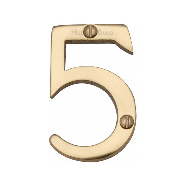 This is an image of a Heritage Brass - Numeral 5 Face Fix 51mm (2") Polished Brass Finish, c1567-5-pb that is available to order from T.H Wiggans Ironmongery in Kendal.