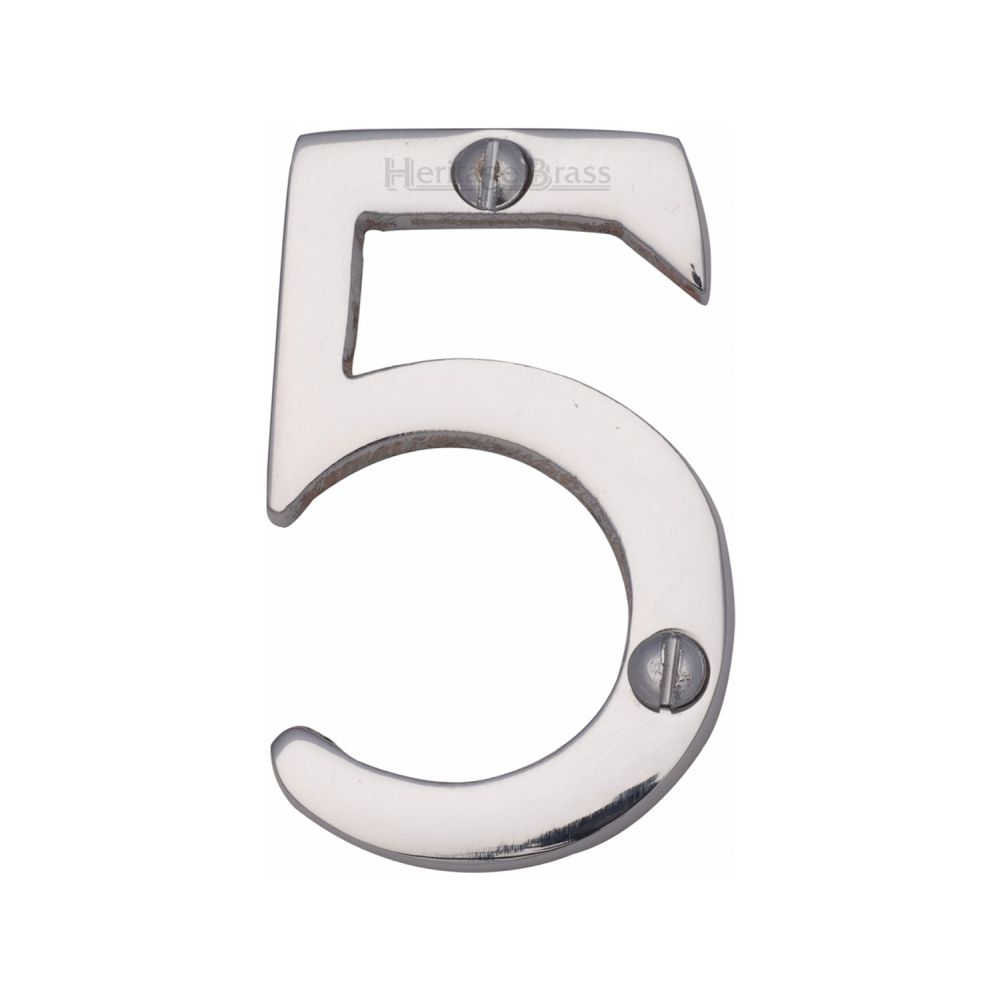 This is an image of a Heritage Brass - Numeral 5 Face Fix 51mm (2") Polished Chrome Finish, c1567-5-pc that is available to order from T.H Wiggans Ironmongery in Kendal.