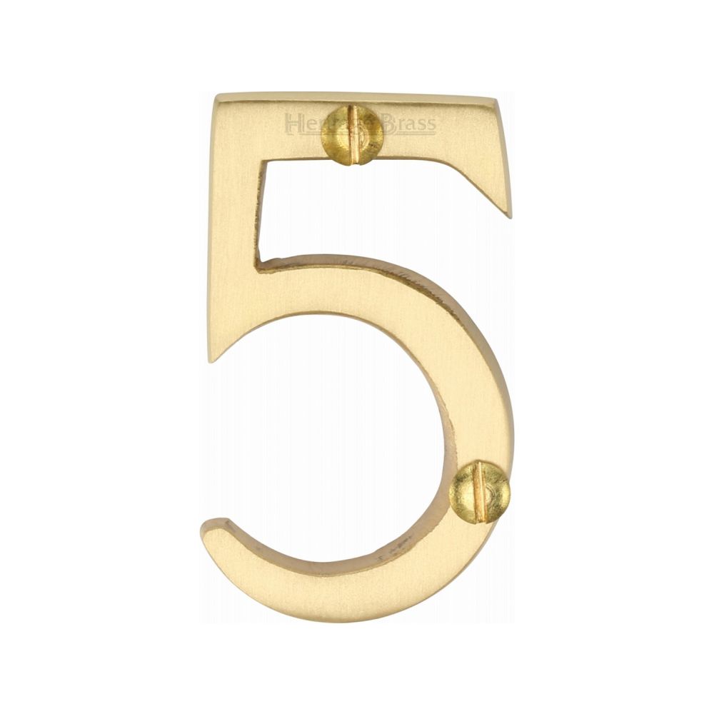 This is an image of a Heritage Brass - Numeral 5 Face Fix 51mm (2") Satin Brass Finish, c1567-5-sb that is available to order from T.H Wiggans Ironmongery in Kendal.