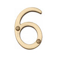 This is an image of a Heritage Brass - Numeral 6 Face Fix 51mm (2") Polished Brass Finish, c1567-6-pb that is available to order from T.H Wiggans Ironmongery in Kendal.
