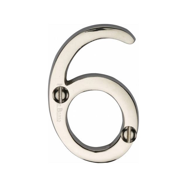 This is an image of a Heritage Brass - Numeral 6 Face Fix 51mm (2") Polished Nickel Finish, c1567-6-pnf that is available to order from T.H Wiggans Ironmongery in Kendal.