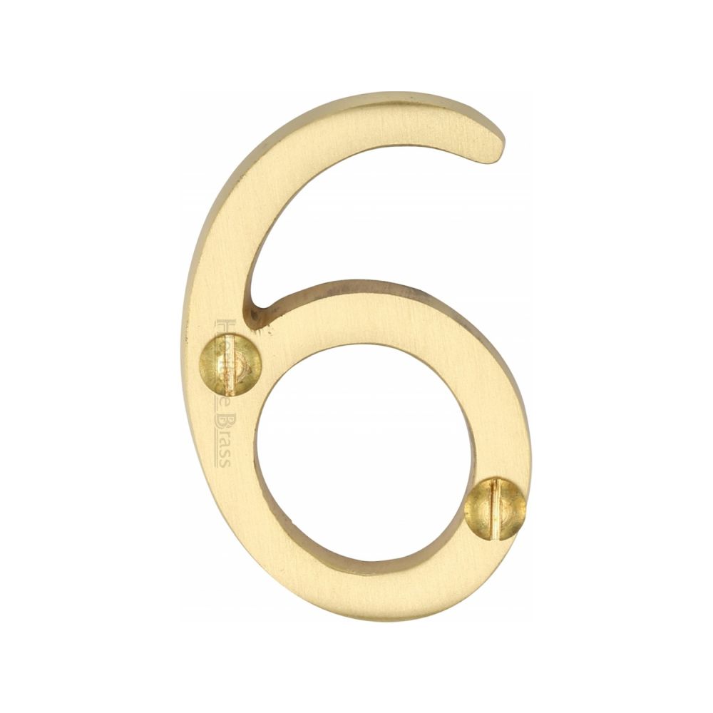 This is an image of a Heritage Brass - Numeral 6 Face Fix 51mm (2") Satin Brass Finish, c1567-6-sb that is available to order from T.H Wiggans Ironmongery in Kendal.