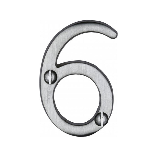 This is an image of a Heritage Brass - Numeral 6 Face Fix 51mm (2") Satin Chrome Finish, c1567-6-sc that is available to order from T.H Wiggans Ironmongery in Kendal.