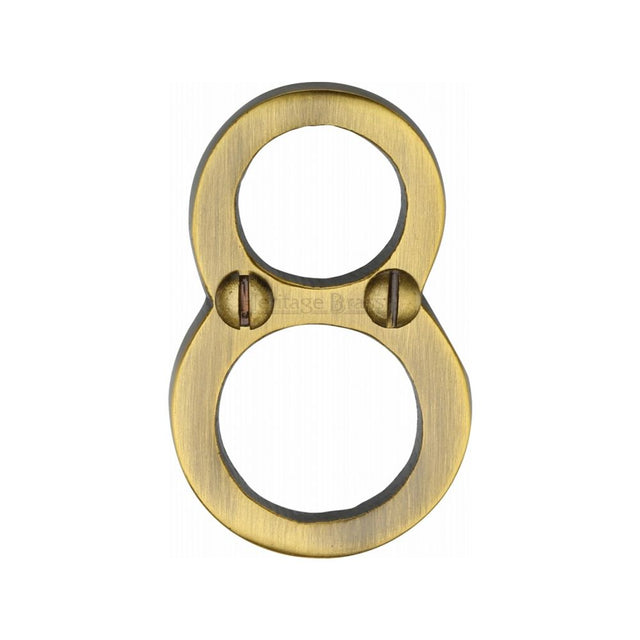 This is an image of a Heritage Brass - Numeral 8 Face Fix 51mm (2") Antique Brass Finish, c1567-8-at that is available to order from T.H Wiggans Ironmongery in Kendal.