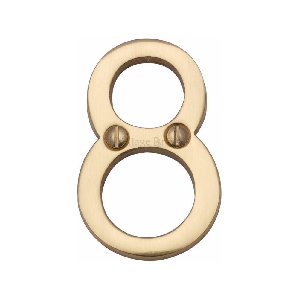 This is an image of a Heritage Brass - Numeral 8 Face Fix 51mm (2") Polished Brass Finish, c1567-8-pb that is available to order from T.H Wiggans Ironmongery in Kendal.