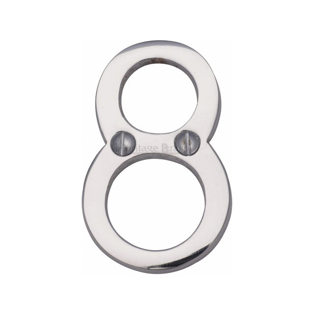 This is an image of a Heritage Brass - Numeral 8 Face Fix 51mm (2") Polished Chrome Finish, c1567-8-pc that is available to order from T.H Wiggans Ironmongery in Kendal.