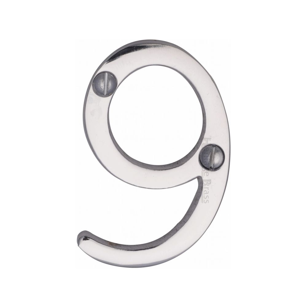 This is an image of a Heritage Brass - Numeral 9 Face Fix 51mm (2") Polished Chrome Finish, c1567-9-pc that is available to order from T.H Wiggans Ironmongery in Kendal.