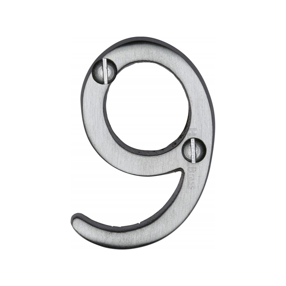 This is an image of a Heritage Brass - Numeral 9 Face Fix 51mm (2") Satin Chrome Finish, c1567-9-sc that is available to order from T.H Wiggans Ironmongery in Kendal.
