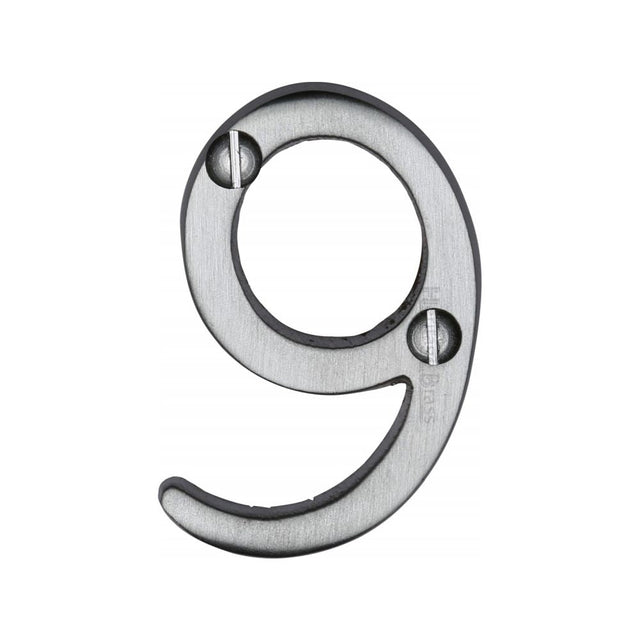 This is an image of a Heritage Brass - Numeral 9 Face Fix 51mm (2") Satin Chrome Finish, c1567-9-sc that is available to order from T.H Wiggans Ironmongery in Kendal.