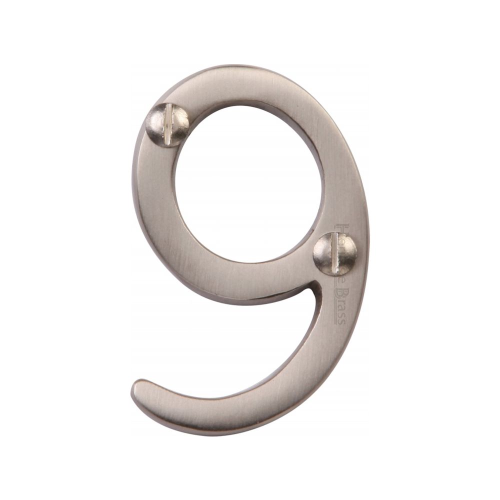 This is an image of a Heritage Brass - Numeral 9 Face Fix 51mm (2") Satin Nickel Finish, c1567-9-sn that is available to order from T.H Wiggans Ironmongery in Kendal.