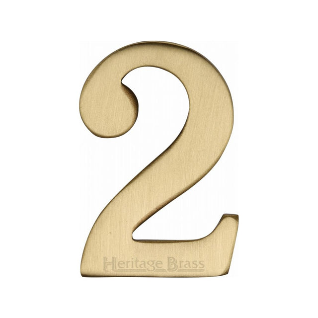 This is an image of a Heritage Brass - Numeral 2 Self Adhesive 51mm (2") Satin Brass Finish, c1568-2-sb that is available to order from T.H Wiggans Ironmongery in Kendal.