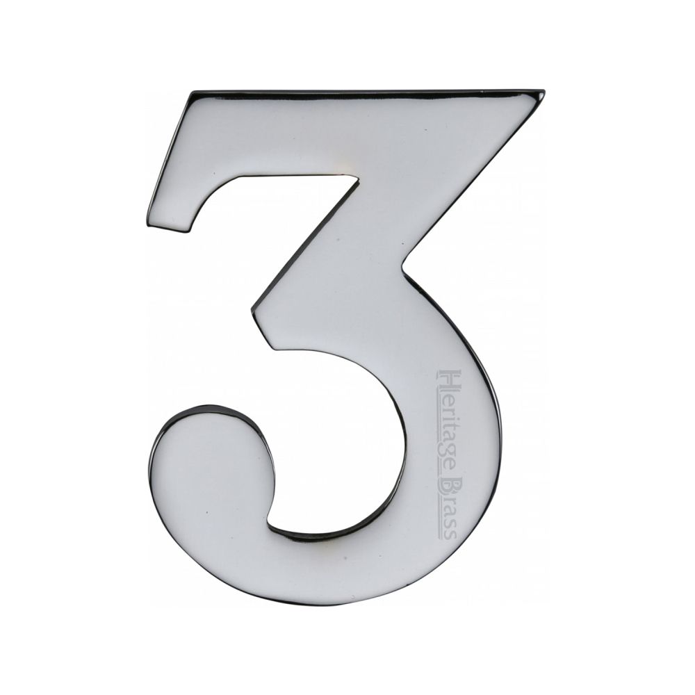 This is an image of a Heritage Brass - Numeral 3 Self Adhesive 51mm (2") Polished Chrome Finish, c1568-3-pc that is available to order from T.H Wiggans Ironmongery in Kendal.