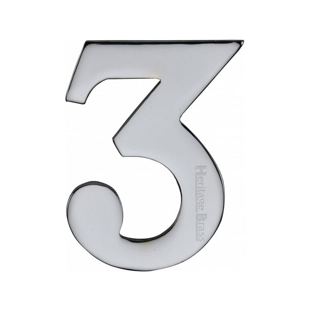 This is an image of a Heritage Brass - Numeral 3 Self Adhesive 51mm (2") Polished Chrome Finish, c1568-3-pc that is available to order from T.H Wiggans Ironmongery in Kendal.