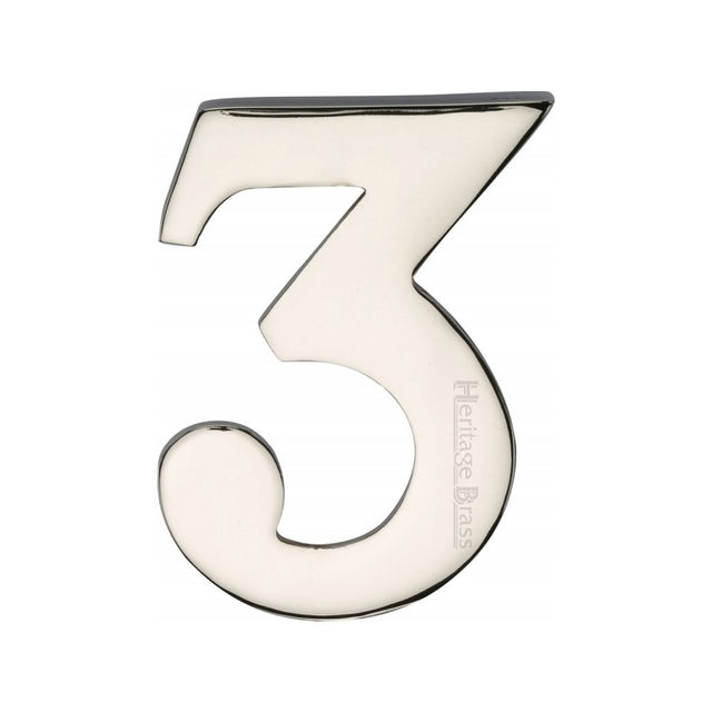 This is an image of a Heritage Brass - Numeral 3 Self Adhesive 51mm (2") Polished Nickel Finish, c1568-3-pnf that is available to order from T.H Wiggans Ironmongery in Kendal.
