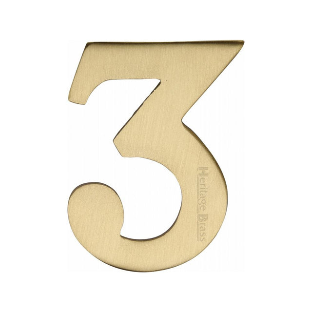 This is an image of a Heritage Brass - Numeral 3 Self Adhesive 51mm (2") Satin Brass Finish, c1568-3-sb that is available to order from T.H Wiggans Ironmongery in Kendal.