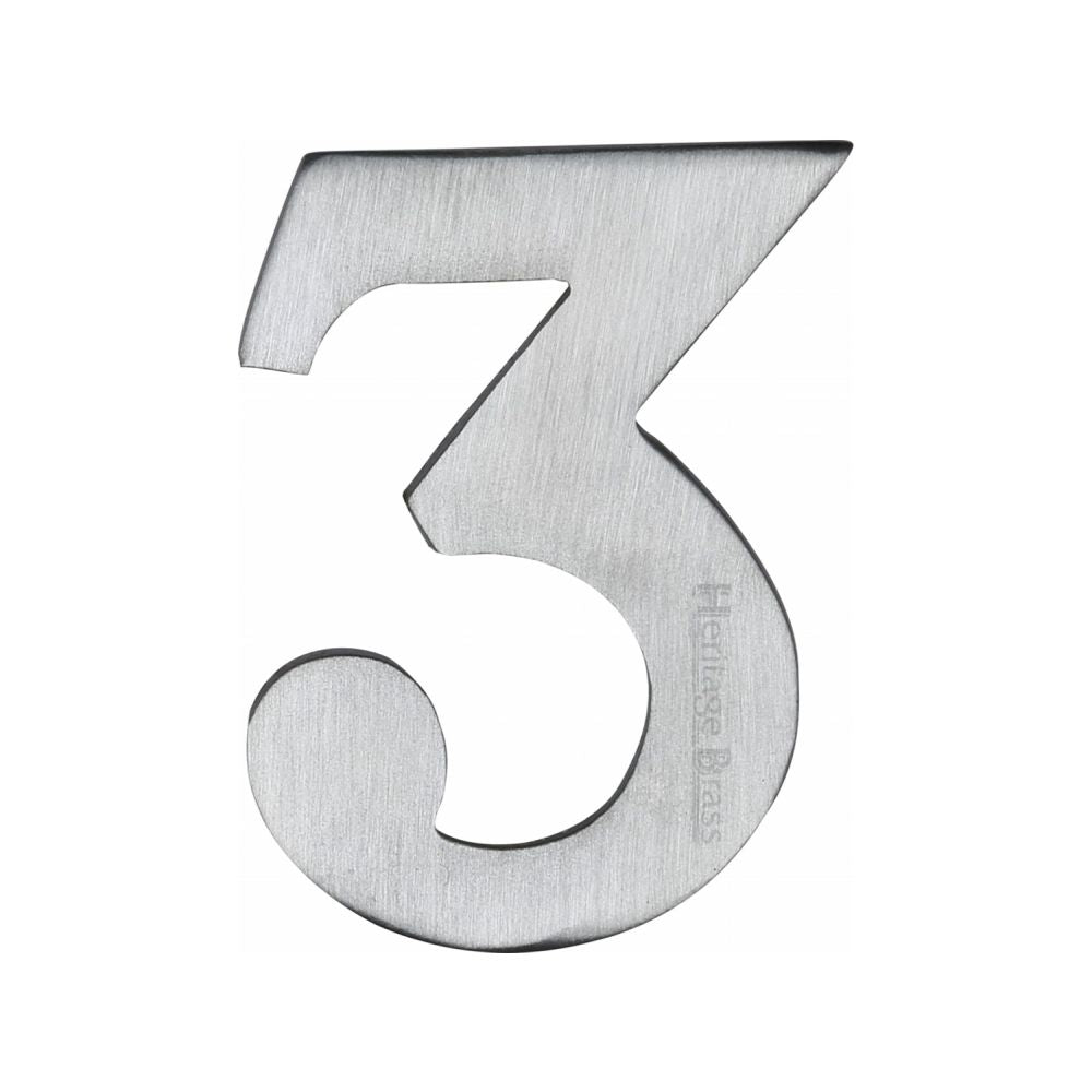 This is an image of a Heritage Brass - Numeral 3 Self Adhesive 51mm (2") Satin Chrome Finish, c1568-3-sc that is available to order from T.H Wiggans Ironmongery in Kendal.