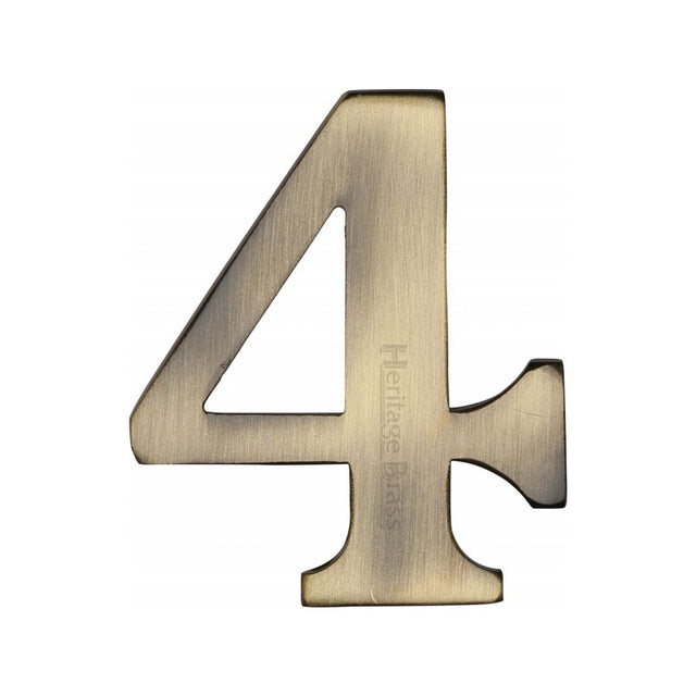 This is an image of a Heritage Brass - Numeral 4 Self Adhesive 51mm (2") Antique Brass Finish, c1568-4-at that is available to order from T.H Wiggans Ironmongery in Kendal.