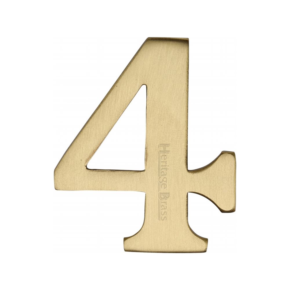 This is an image of a Heritage Brass - Numeral 4 Self Adhesive 51mm (2") Satin Brass Finish, c1568-4-sb that is available to order from T.H Wiggans Ironmongery in Kendal.