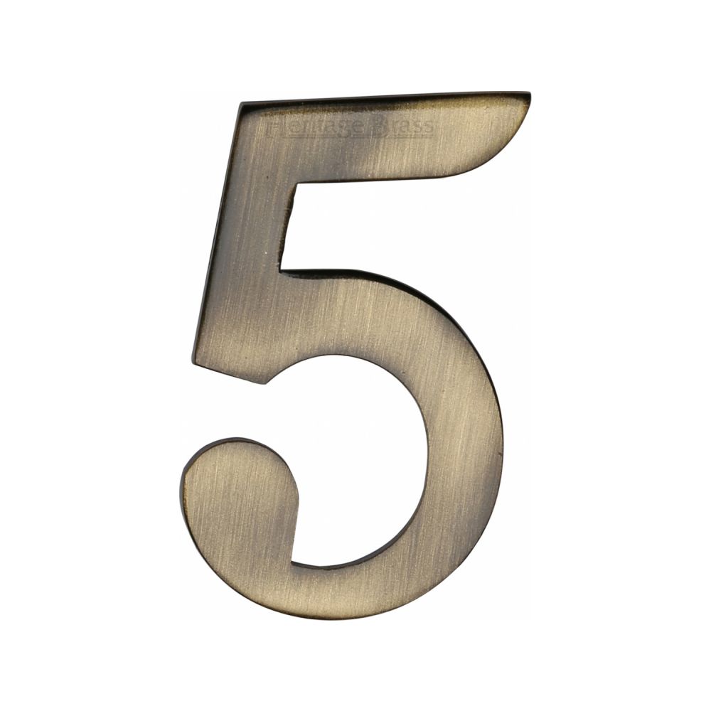 This is an image of a Heritage Brass - Numeral 5 Self Adhesive 51mm (2") Antique Brass Finish, c1568-5-at that is available to order from T.H Wiggans Ironmongery in Kendal.